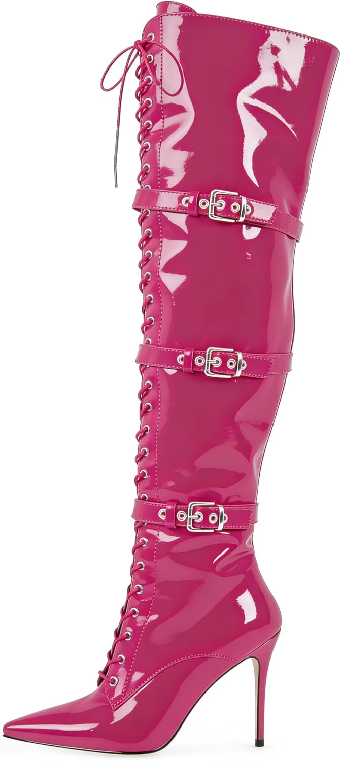 SAMMITOP Over The Knee Boots for Women Stiletto High Heel Pointed Toe Lace Up Metal Buckles Tall Boots 4 Inches Patent Leather