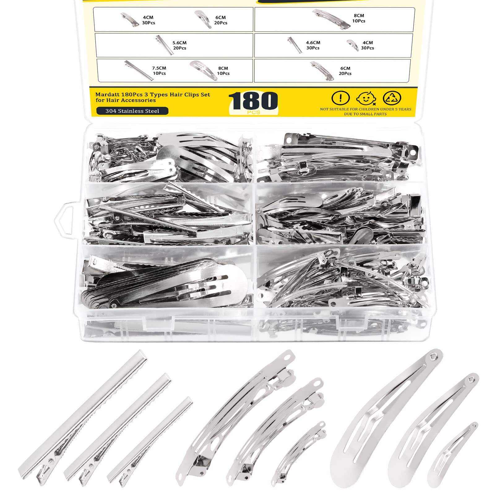 Mardatt 180 Pcs 9 Style Metal Hair Clip Assortment Set Silver Snap Hairpin French Blank Barrettes Single Prong Pin Curl Sectioning Clips Accessories for DIY Hairdressing Making Hair Care
