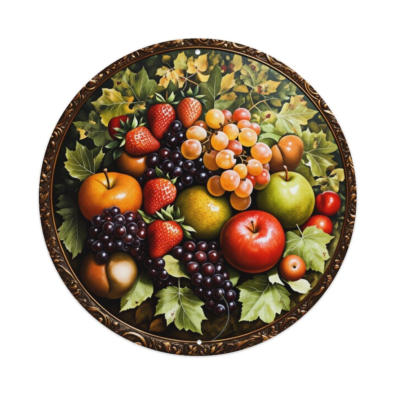 Fruit Arrangement With Leaves And Grapes Round Tin Sign Vintage Metal Poster, Home Bar Garage Man Cave Cafe Indoor & Outdoor Wall Decoration 8x8Inches