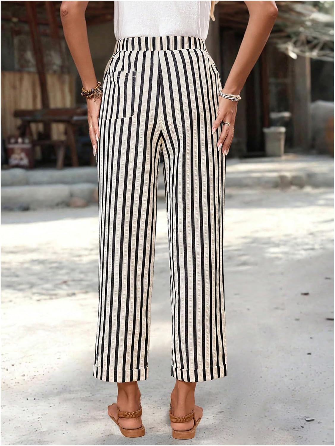 Women's Striped 3/4 Length Pants Straight Leg Drawstring Waist Cropped Pants Trousers with Pockets - Image 3