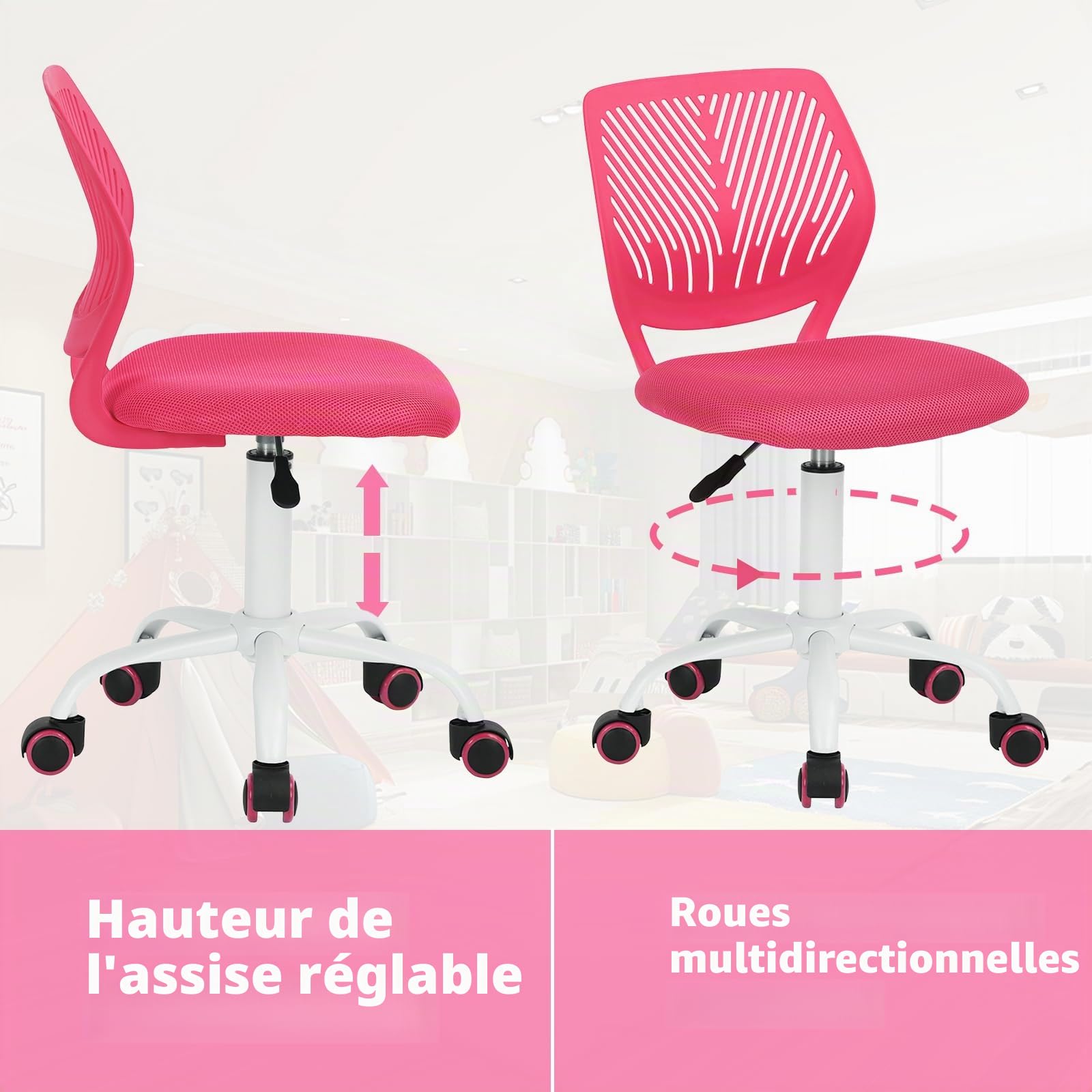 FurnitureR Chaise de Bureau adaptée aux Enfants pour l'apprentissage à la Maison, Fauteuil Roulant Ergonomique réglable en Hauteur pour Les Jeunes apprenants, Design Rose Vif
