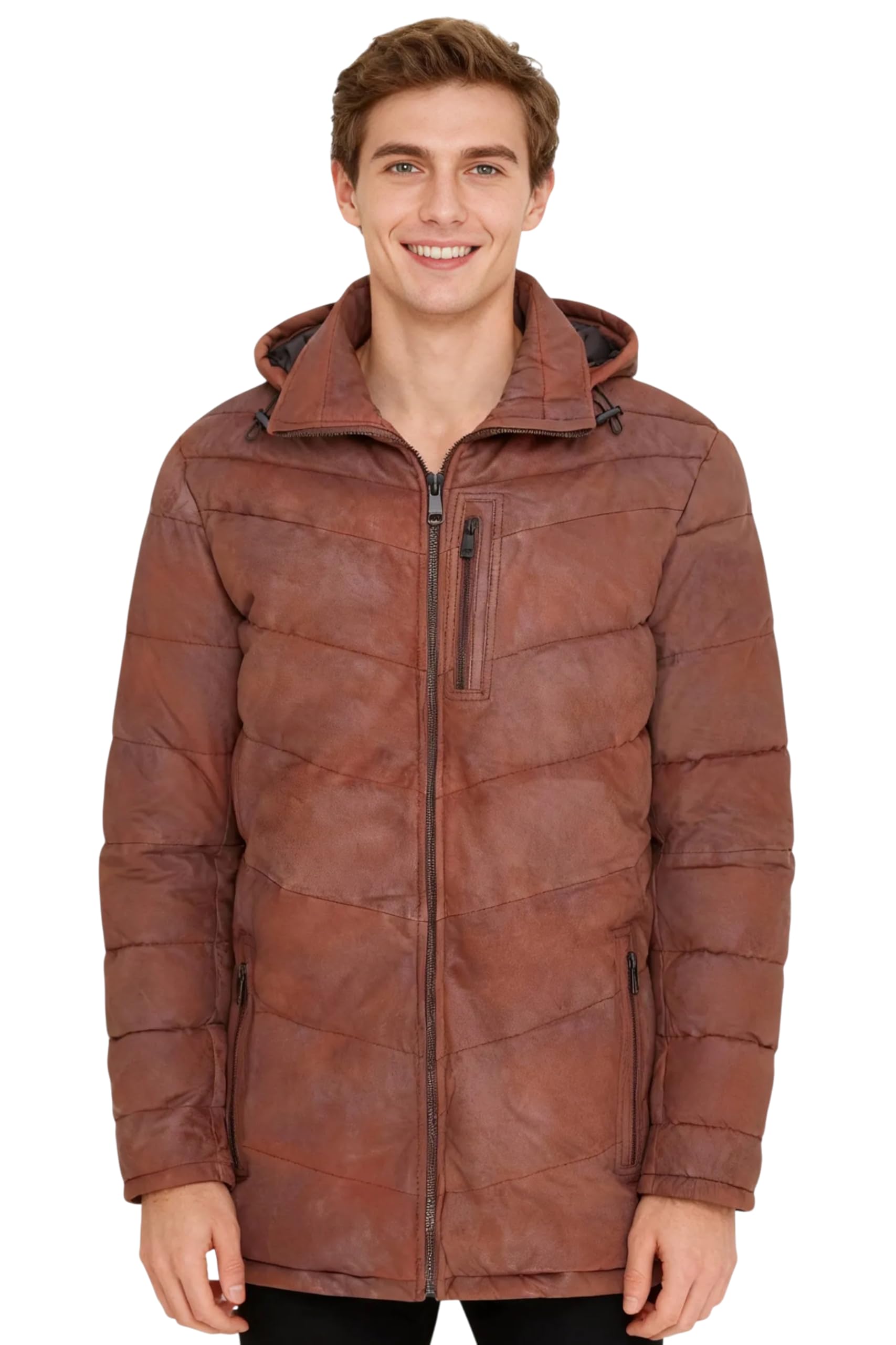 Infinity Leather Piumino da Uomo in Vera Pelle di Agnello con Cappuccio – Cappotto Invernale Trapuntato a Zig Zag Caldo Capospalla in Pelle Isolante con Cappuccio Rimovibile e 6 Tasche