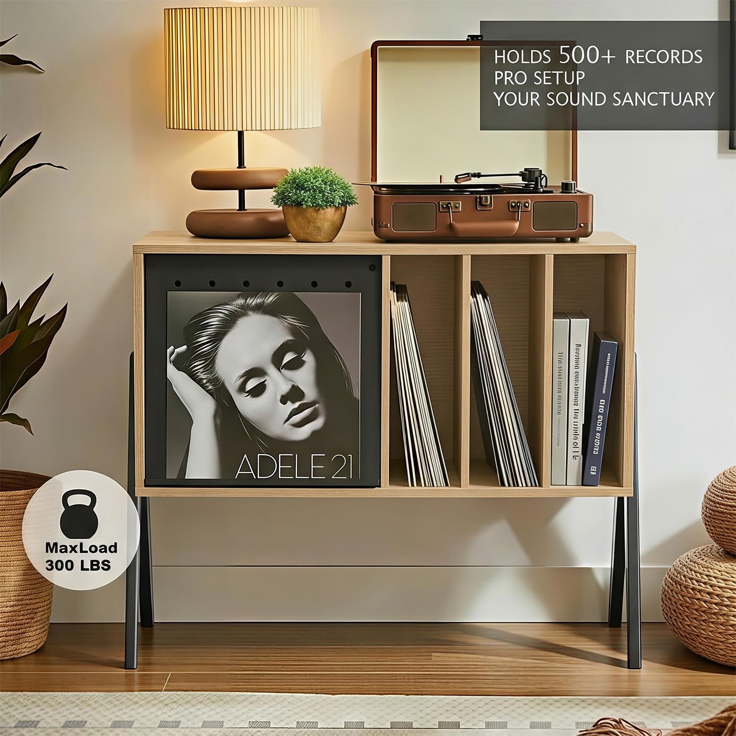 Record Player Stand with Vinyl Storage, 32" Turntable Stand with Flip-Up Album Display, Mid Century Modern Light Oak Vinyl Record Storage Cabinet, Audio Media Console Table with V-Shape Legs