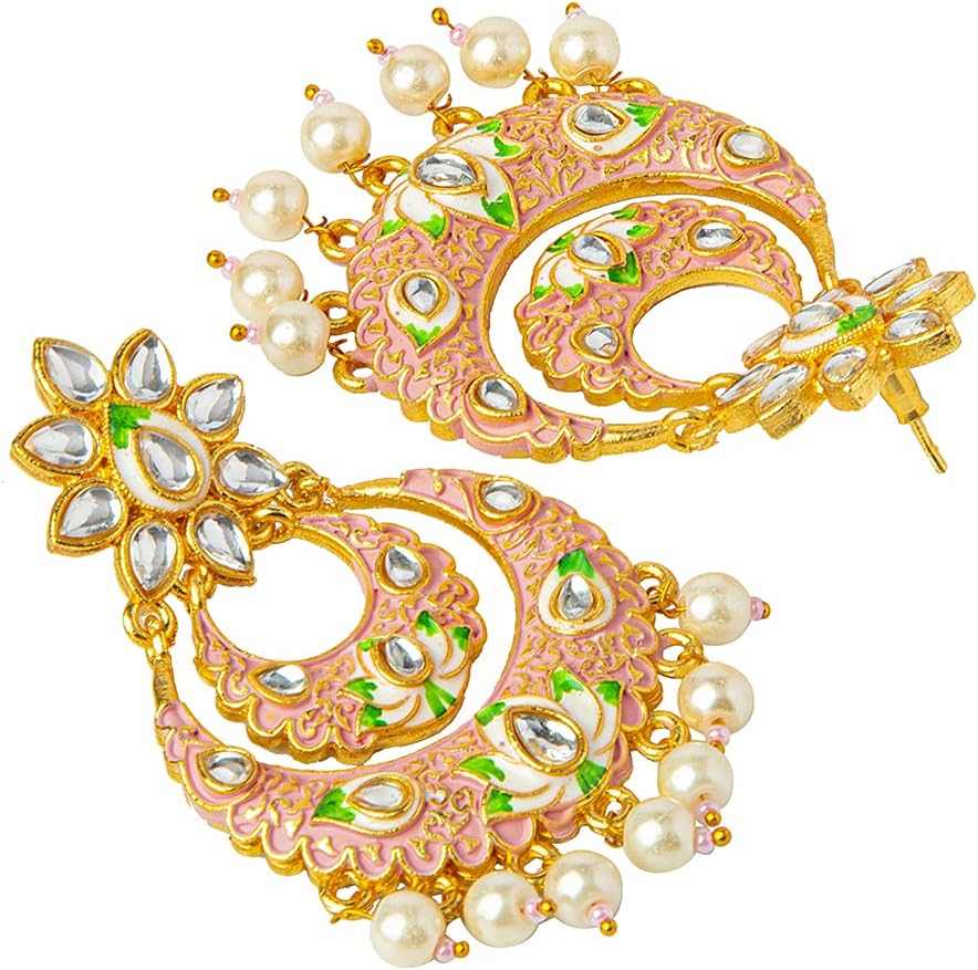 Bodha Traditional Indian Handcrafted Gold Plated Designer Traditional Ethnic Meenakari Kundan Chandbali Earrings Women
