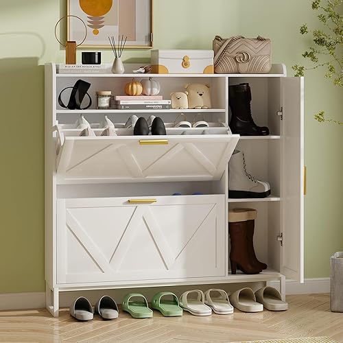 Miniatura 11 de Armario estrecho de almacenamiento de zapatos con 3 cajones abatibles, puertas y estantes ajustables, armario delgado para armario de entrada, Blanco