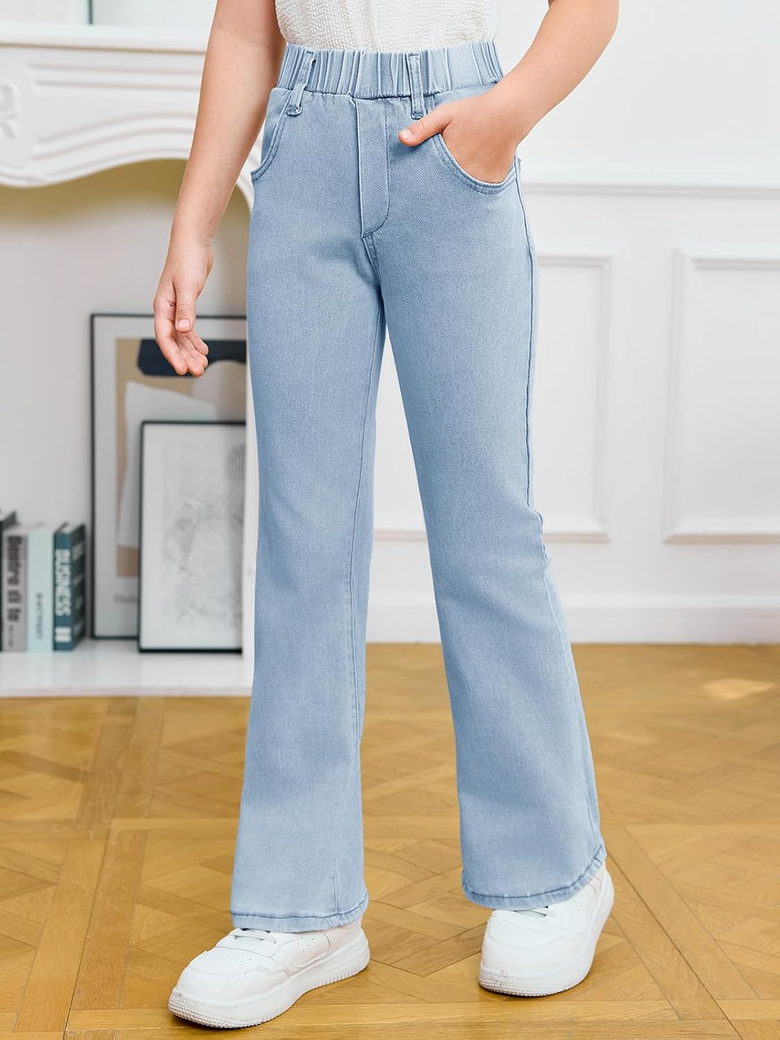 Haloumoning Girls Flare Jeans Kids Fashion Stretchy Denim Pants Bell Bottoms with Pockets - Image 3