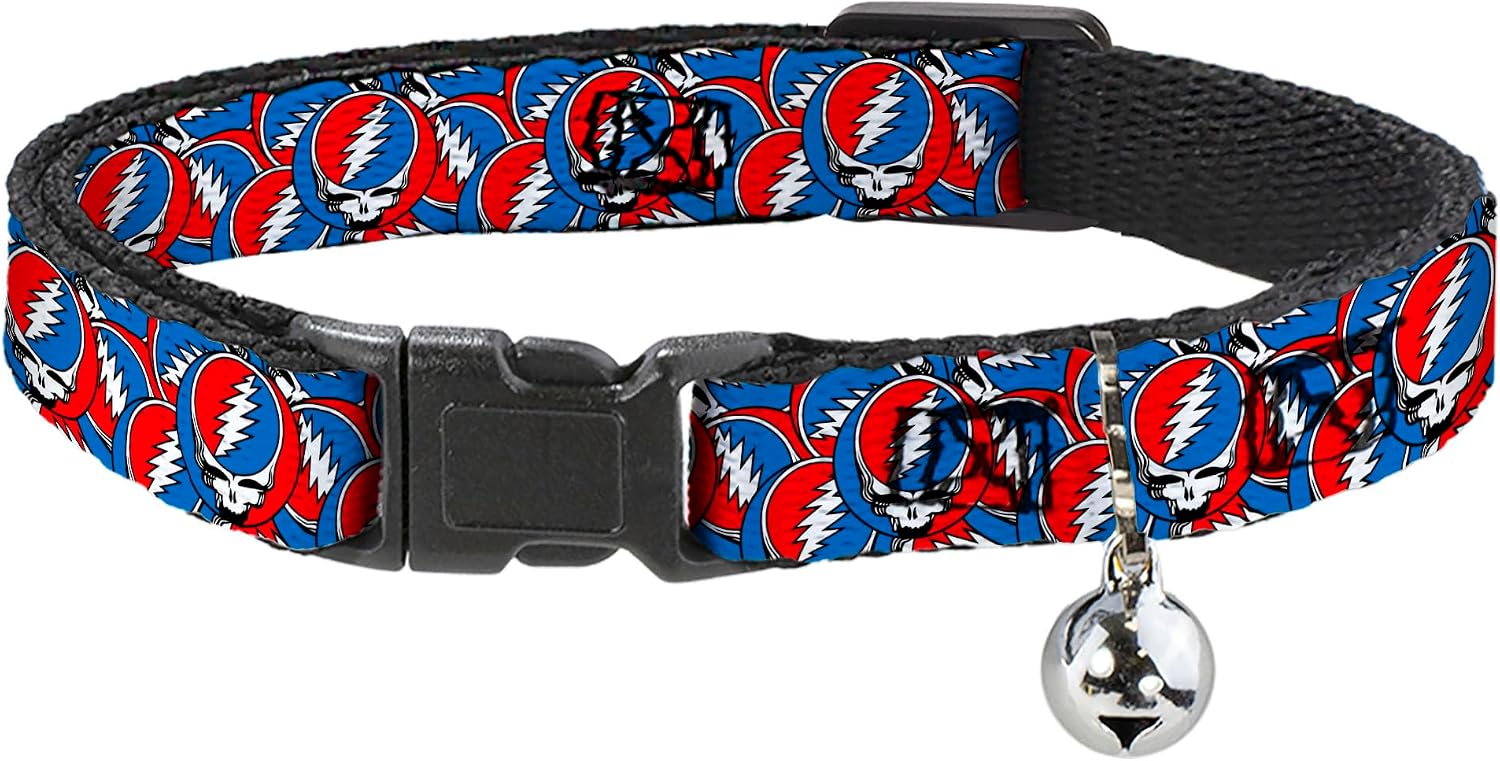 Grateful Dead Breakaway Cat Collar | Grateful Dead Steal Your Face Logo Stacked Red White Blue Durable Adjustable Bell ID Tag Ring