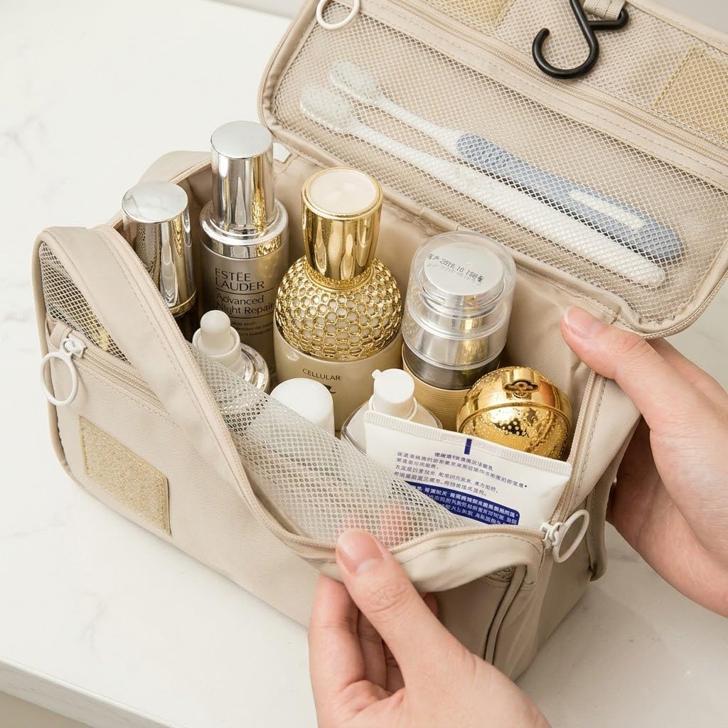 Necessaire Organizadora de Viagem Unissex com Gancho, Divisórias e Tecido Impermeável (Bege) Necessaire Organizadora de Viagem Unissex com Gancho, Divisórias e Tecido Impermeável (Bege)