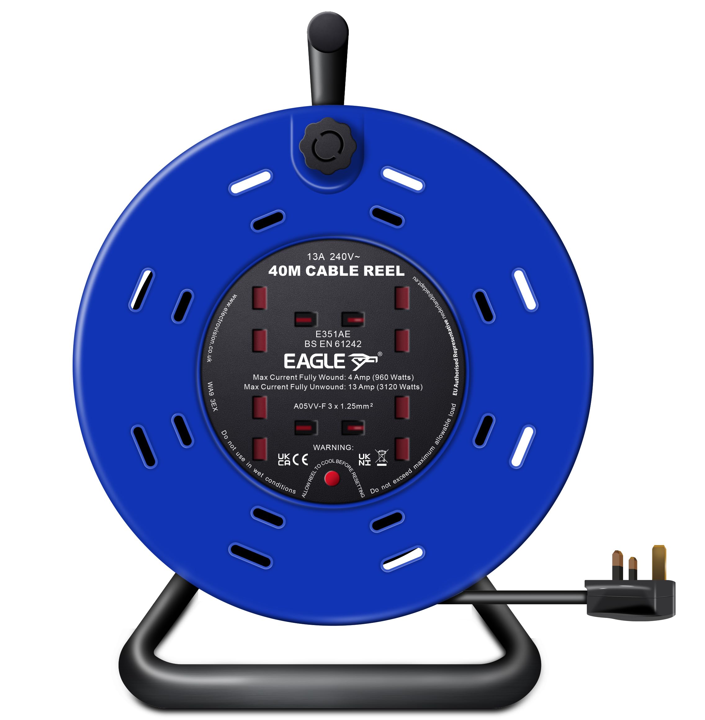 Netagon 4 Socket Extension Lead Cable Reel | 13A 4 Gang Plug | Thermal Cut Out, Heavy Duty, Outdoor Extension Lead, Ideal for DIY, Workshop, Garden, Home Use (Metal A Frame Extension Reel, 40M)