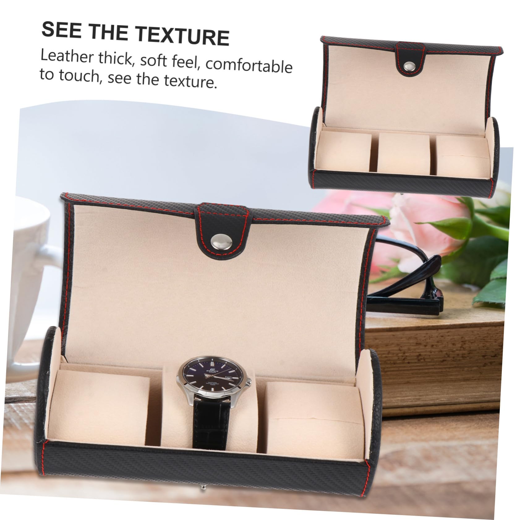Uhrenrolle mit 3 Fächern aus Pu in Schwarz für Reise und Zuhause | Vintage Design, Schlicht und Elegant, zur Aufbewahrung von Schmuck und Uhren