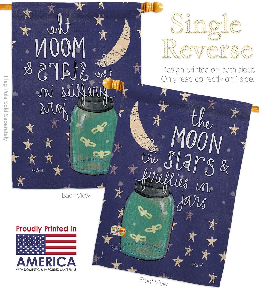 Moon Stars Fireflies Jars House Flag Dowel Set Sweet Life Expression Spiritual Hope Love Wisdom Support Emotion Postive Small Decorative Gift Yard Banner Made In USA 28 X 40