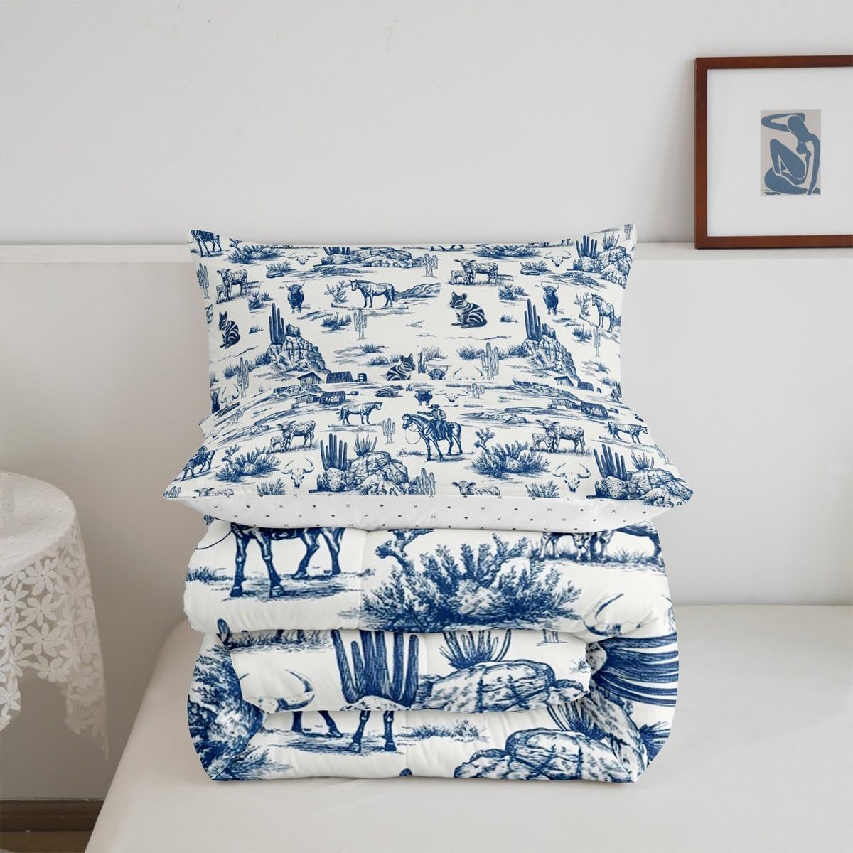 Feelyou Western Bedding Set Soft for Boys Girls, Cowboy Cow Horse Comforter Set Twin Size Southwestern Rustic Farmhouse Duvet Quilt Microfiber Watercolor Blue Bedroom Decor 2 Pcs with 1 Pillow Case