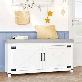Hzuaneri Farmhouse Shoe Storage Bench: 2-Tier Entryway Organizer with Padded Seat, Barn Doors & Adjustable Shelf, White SB26603GY