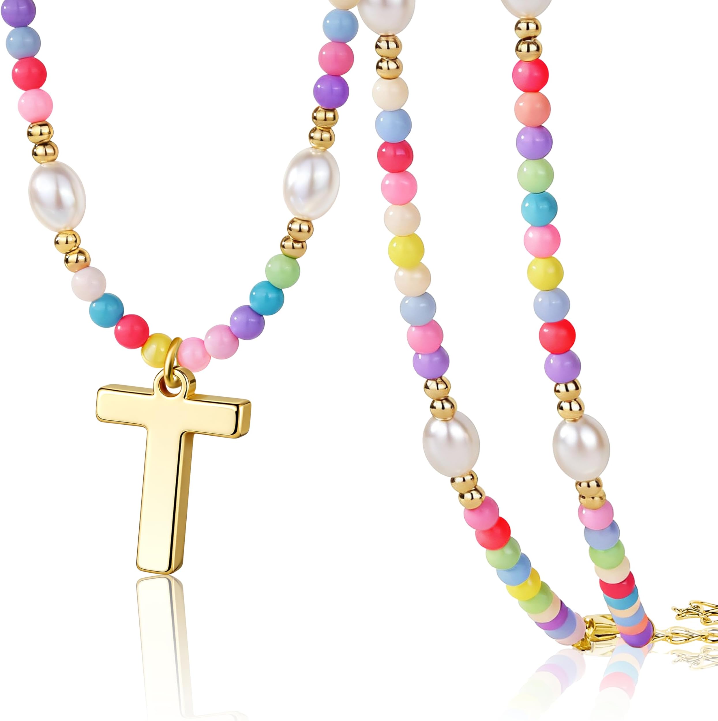 Easter Basket Stuffers for Teen Girls Kids Women, Initial Necklace for Little Girrs Bulk, Toddler Colorful Beaded Pearl Choker with Letter Pendant, Cute Personalized Jewelry Gift for Easter, Party, Birthday
