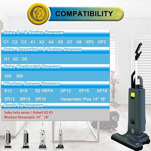 Miniatura 2 de Paquete de 15 bolsas de filtro de tela 5093AM para Sebo CGX Series, 300350 mecánica, aspiradora vertical 370 Comfort y sensor Windsor S12 S15 XP12