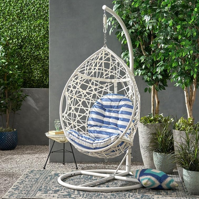 Hanging Egg Chair Rattan Wicker Hammock Swing Chair with Stand and Comfortable Cushion for Outdoor Patio Porch Indoor Bedroom 80'' H X 44'' W X 44'' D. (White/Blue)