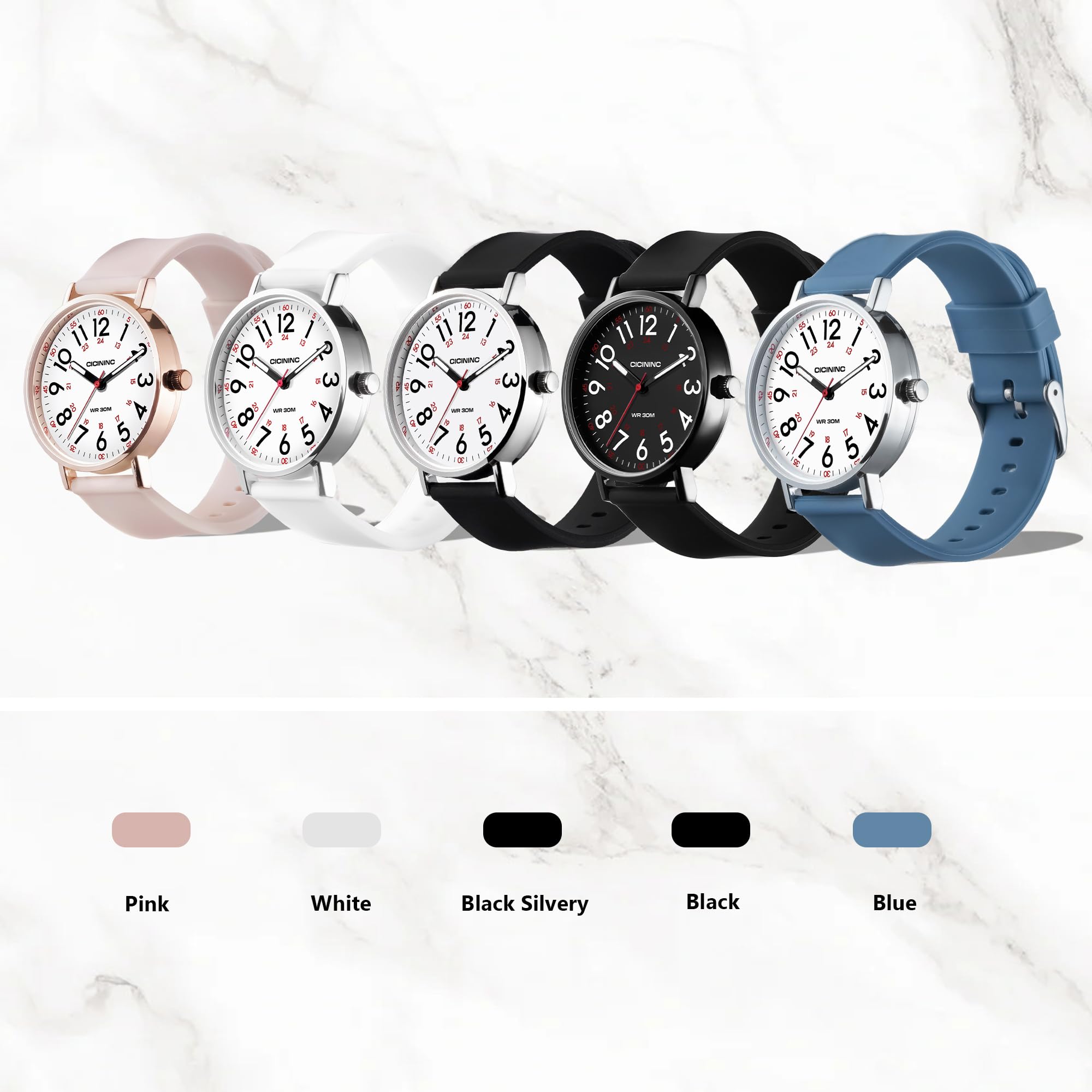 Nurse Watch for Medical Professionals Students Women Men, Analog Nursing Watches with 12/24 Hour Military Time, Second Hand, Easy to Read, Colorful Silicone Band