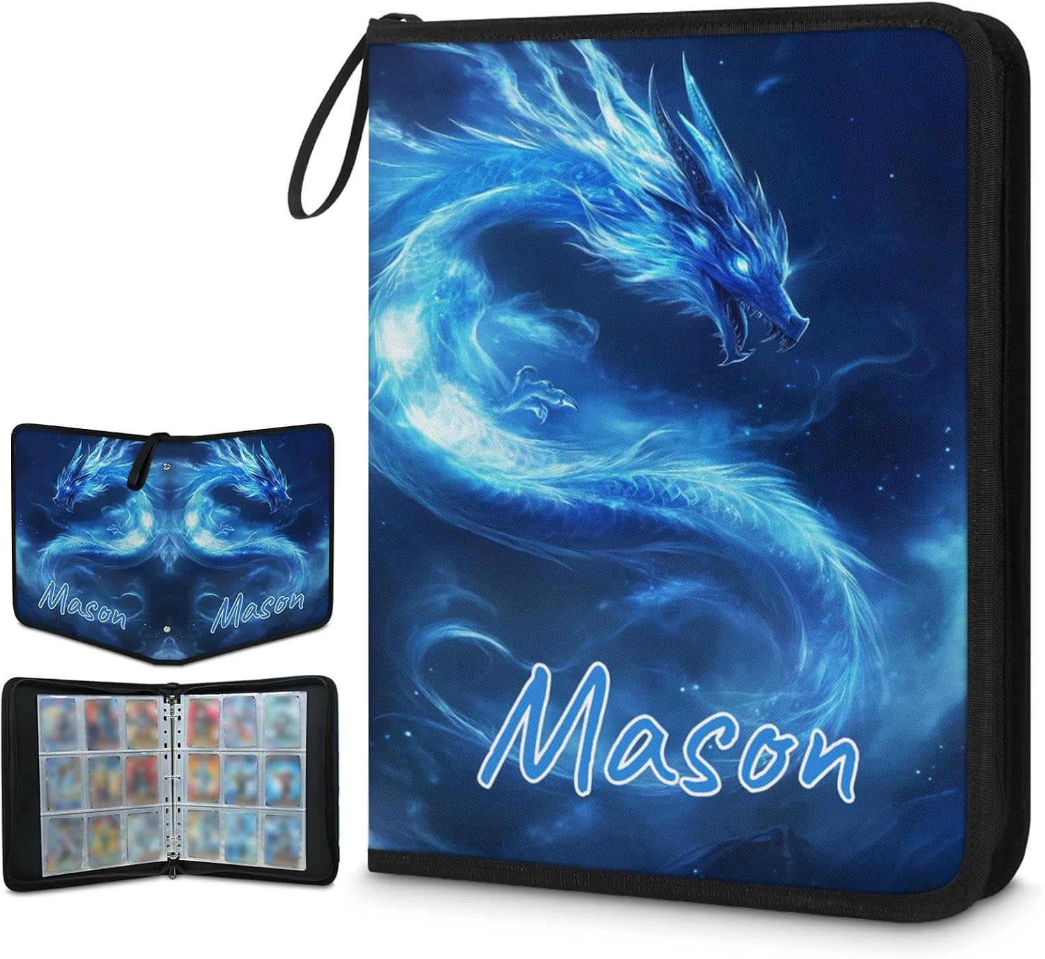 Personalized Card Binder 9 Pocket with Name, Custom Trading Card Holder Fits 900 Cards With 50 Removable Sleeves, Portable Collection Card Ablum Customized Gifts, Blue Dragon