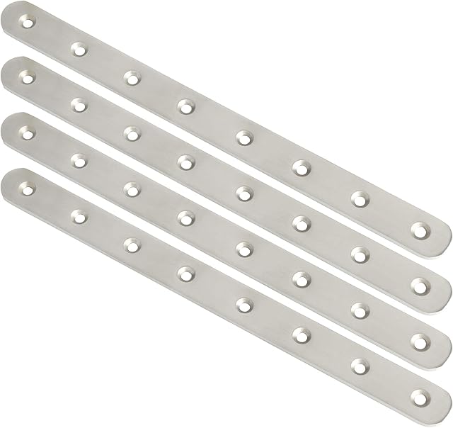 Sayayo Metal Brackets for Wood Mending Joining Plates Flat Straight Brace Sleeper Brackets, 4MM Thickened Stainless Steel Brushed Finish, 4 Pcs, EJ300X25-4P(300 x 25MM)