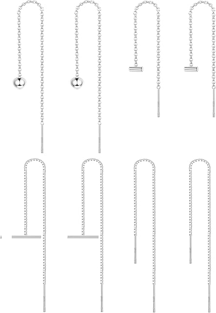 JeryWe 4 Pair Threader Earrings for Women Girls 925 Sterling Silver Chain Tassel Earrings Pull Through Earrings Ball Bar Dangle Needle Drop Minimalist Chain Earrings Set