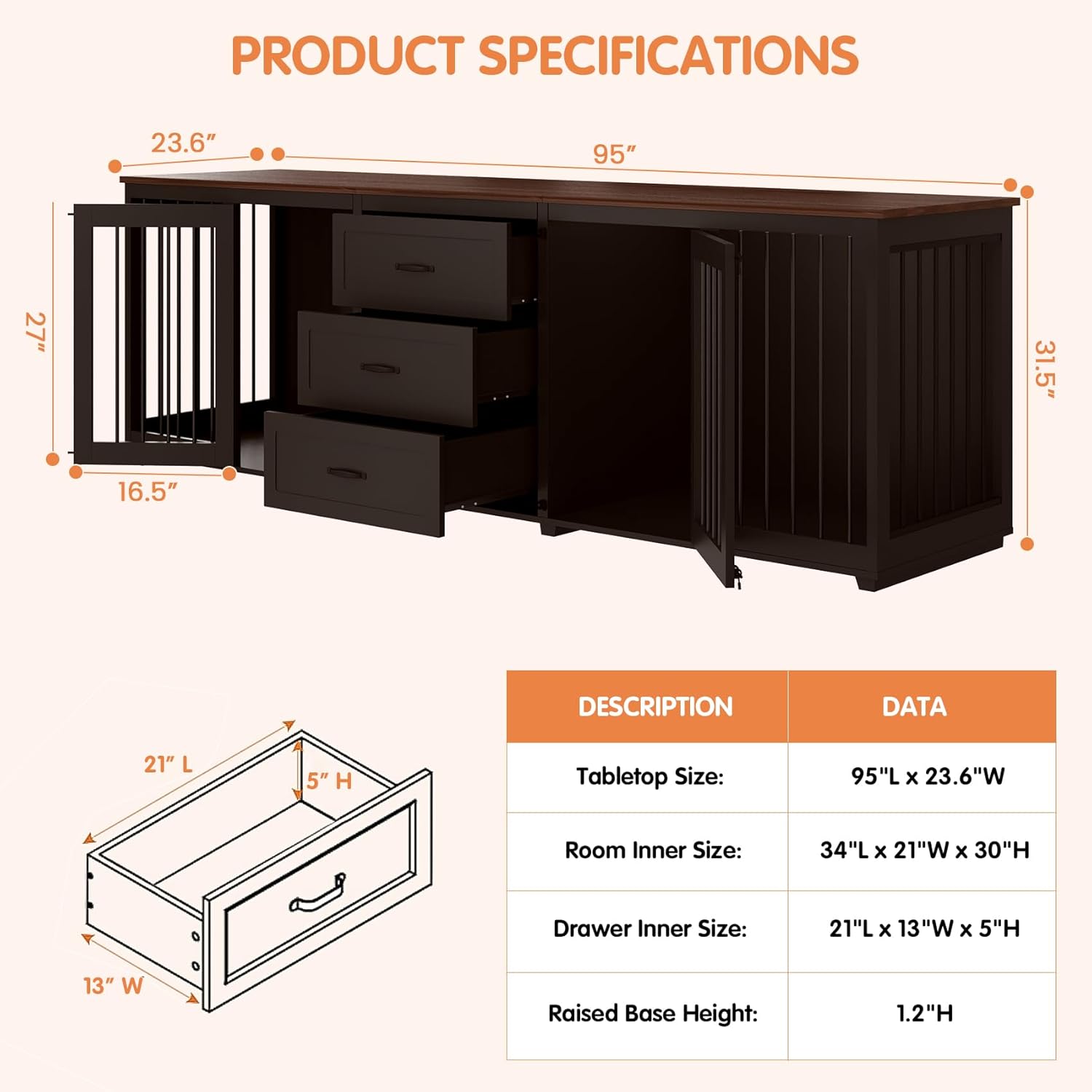 Dog Crate Furniture, Indoor Wooden Farmhouse Dog Kennel Furniture with 3 Drawers & 2 Lockable Doors, 95"x23.6"x32"H, Black
