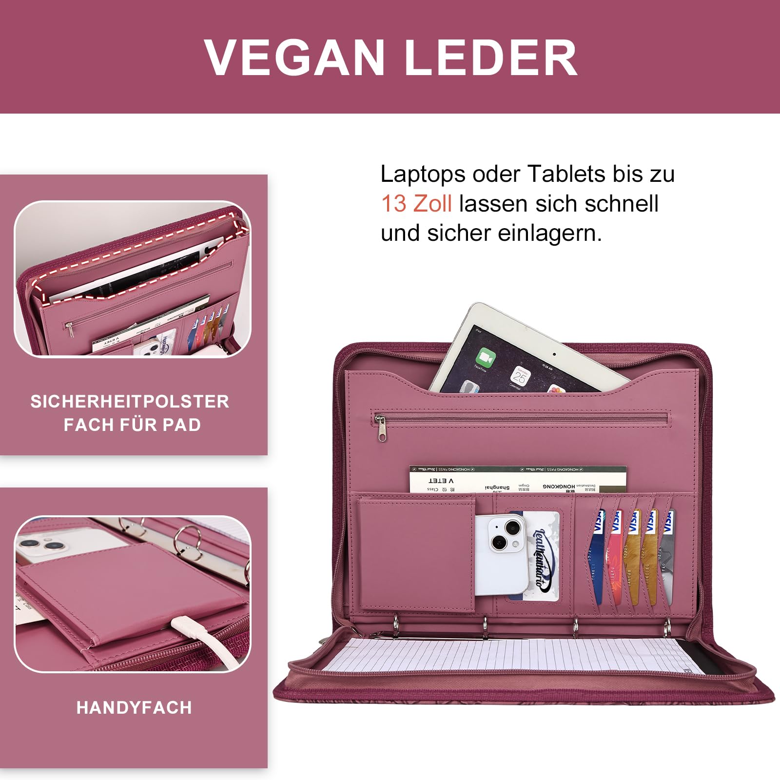 Leathario Schreibmappe A4 mit 5er Register DIN A4，Konferenzmappe mit 4 Ringbuch，Dokumentenmappe mit Reißverschluss,Ordner für Meeting, Business,Mappe für Geschäftsreisen
