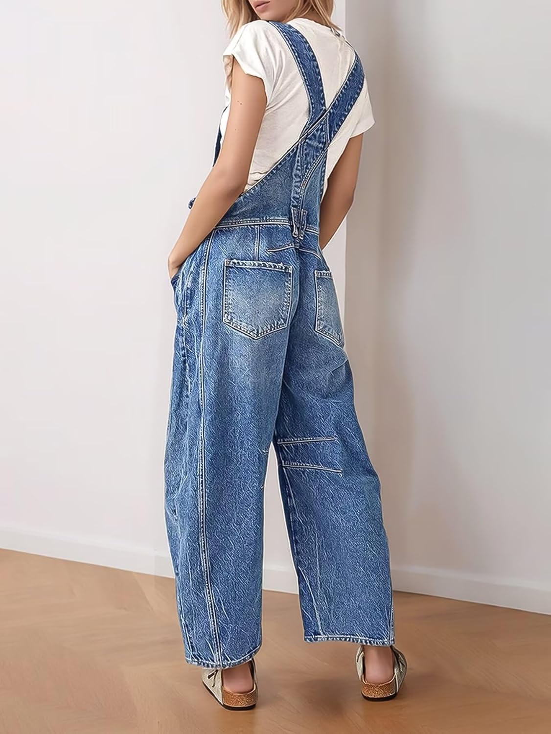 Flamingals Barrel Leg Stitch Detail Button Side Denim Overalls for Women Casual Jumpsuits with Pockets