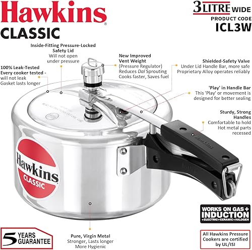 Miniatura 3 de Hawkins Olla a presión clásica de aluminio con tapa interior de 3 litros, olla de inducción, olla de sartén de diseño ancho, mejor cocina, plata