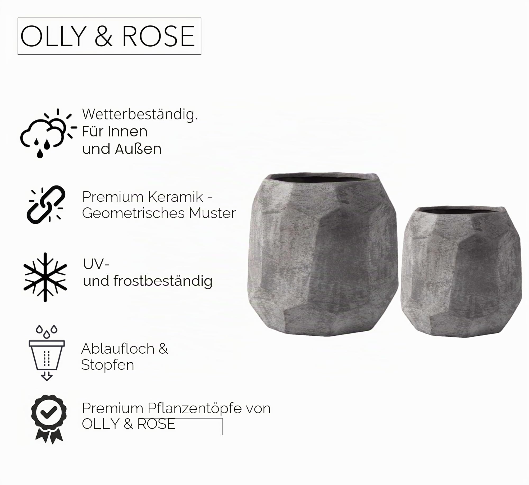 Olly & Rose Leon Geometrische Keramik-Blumentöpfe, Set 2 – Sand-Effekt, Dunkelgrau, 21 cm und 14 cm Durchmesser, große Blumentöpfe für drinnen und draußen, graue Pflanzgefäße – Blumentöpfe