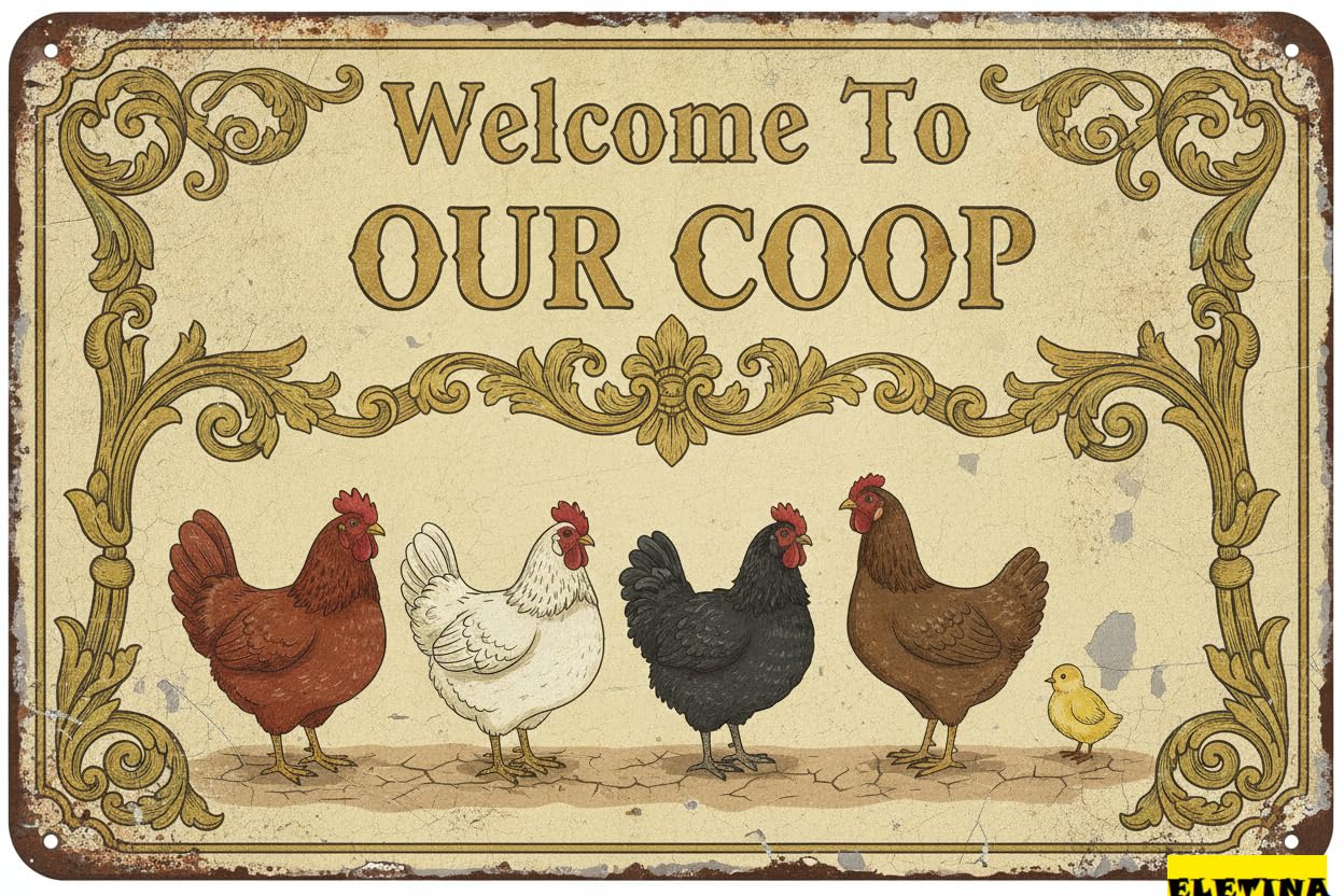 Welcome To Our Coop Chicken Tin Sign, 8x12 Inch Decor