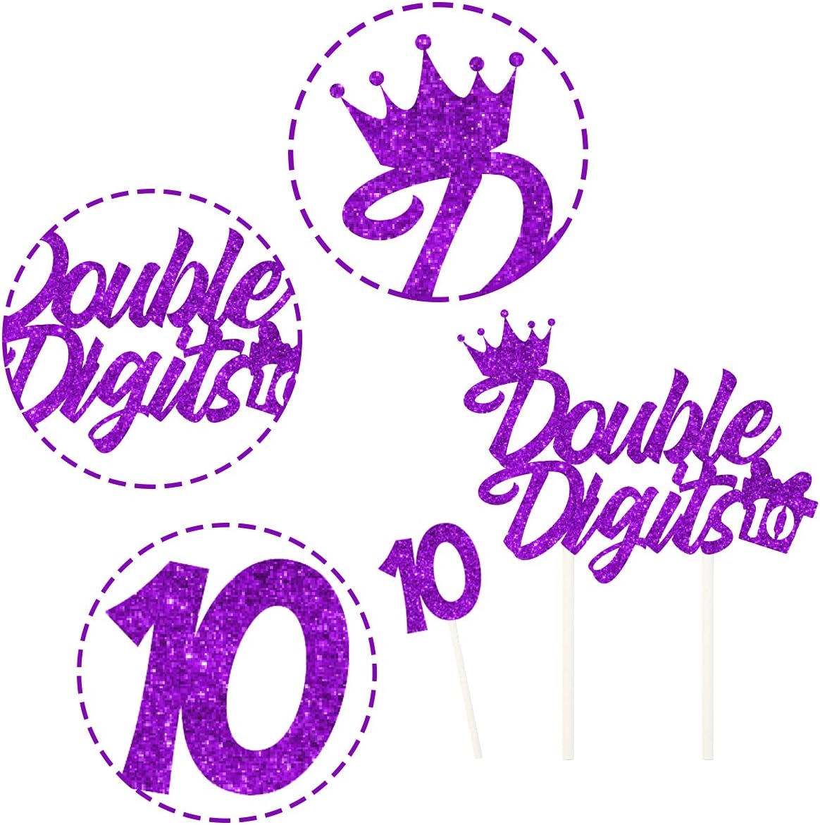 10th Birthday Cake Decorations Purple, Double Digits Cake & Cupcake Topper for Girls Boys Tenth Birthday Party Decorations and Supplies, Cheer to 10 Years Birthday - Total 25 Pcs