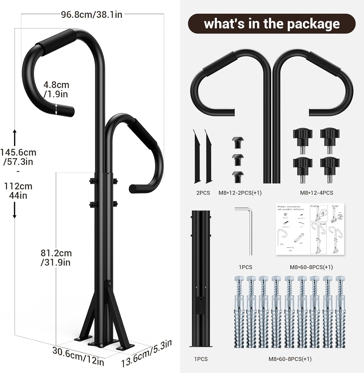 Two-Way Hot Tub Handrails, 44"-57.3" Adjustable Height SPA Hand Rail w/360 Swivel Option, Hot Tub Railing to Get in and Out, 600LBS SPA Side Handrail Ground-Mount for Indoor&Outdoor