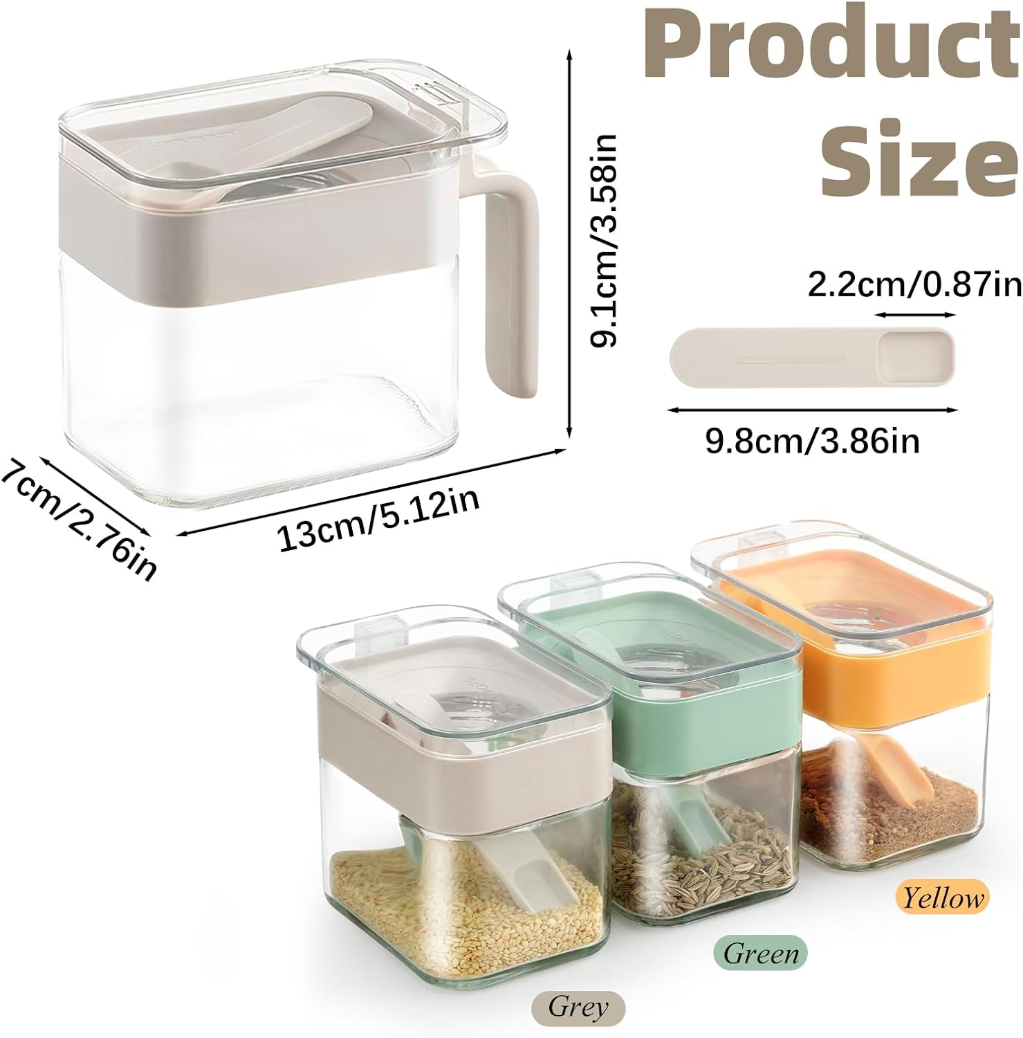 3 Pack Glass Seasoning Box Condiment Container Spice Jar with Lids and Spoons, 10oz Salt and Sugar Container Set, Clear Condiment Canisters Pots Topping Containers for Kitchen Coffee Bar