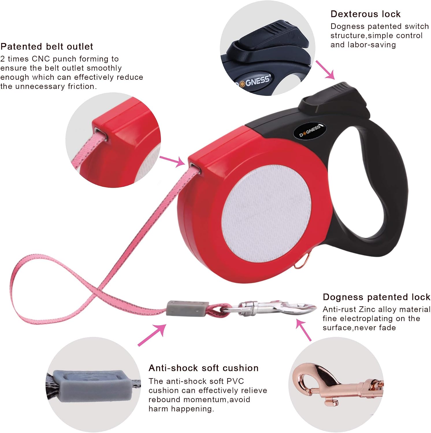 DOGNESS Reflective Retractable Dog Leash, One Button Brake & Lock Anti-Slip Handle, Strong Nylon Ribbon Tape, 13 ft Long Dogs, Three Colors Reflective Sticker (13 ft/up to 55 lbs, Red)
