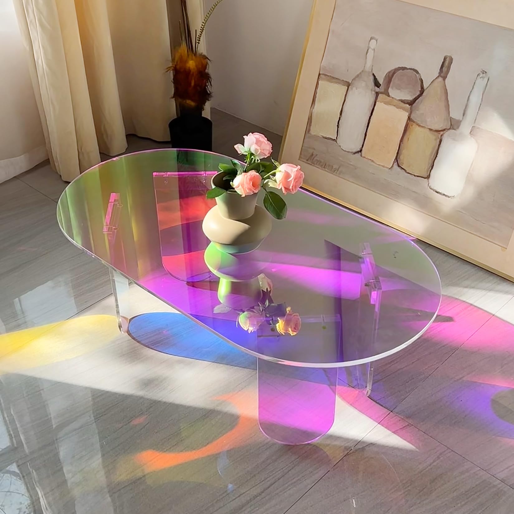 Table Basse Ovale Salon: 95x50x36cm Meuble Centre en Acrylique Moderne Design Table d'Appoint Décoratif avec 4 Pied pour Chambre