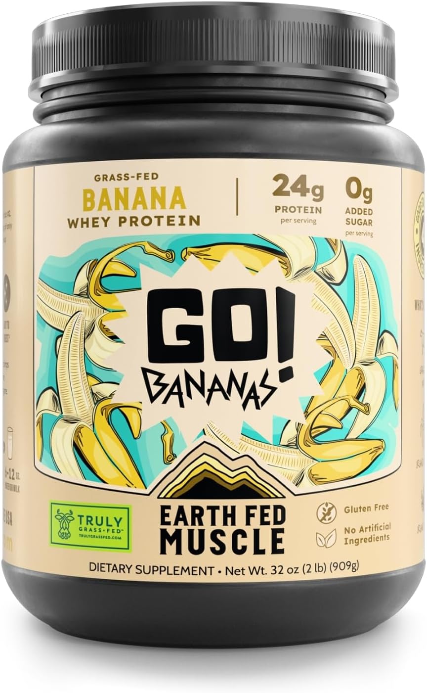 - Earth Fed Muscle Go! Bananas Irish Grass‑Fed Whey Protein Isolate – All Natural Banana Flavor, Zero Added Sugar, Soy‑Free, Gluten‑Free (2lb, 27 Servings, Banana)