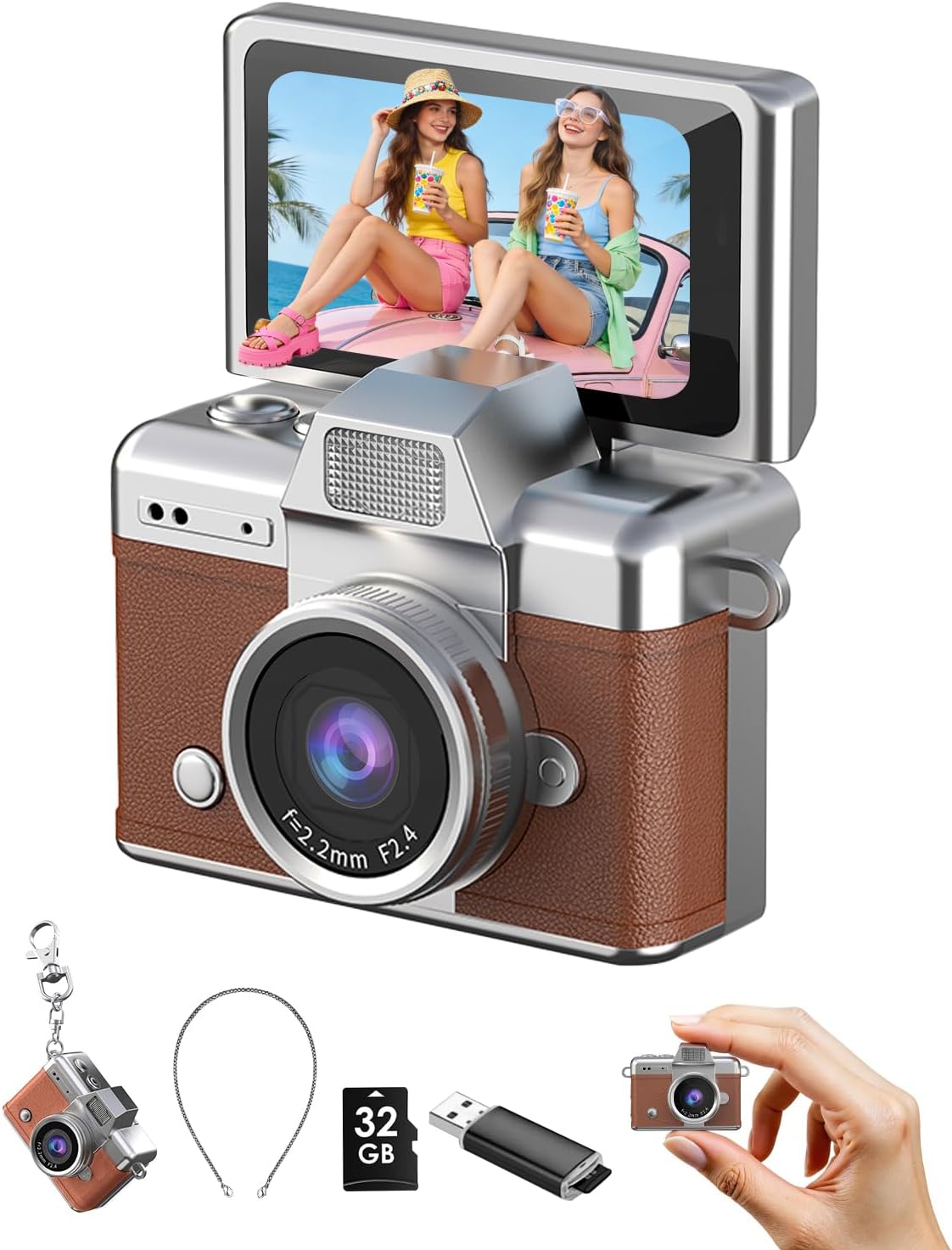 Mini Keychain Camera, 1080P Portable Digital Camera with 1.47” Flip LCD & Flash, Retro Collectible Pocket Camera for Travel, Parties, Birthday(Brown32GB)