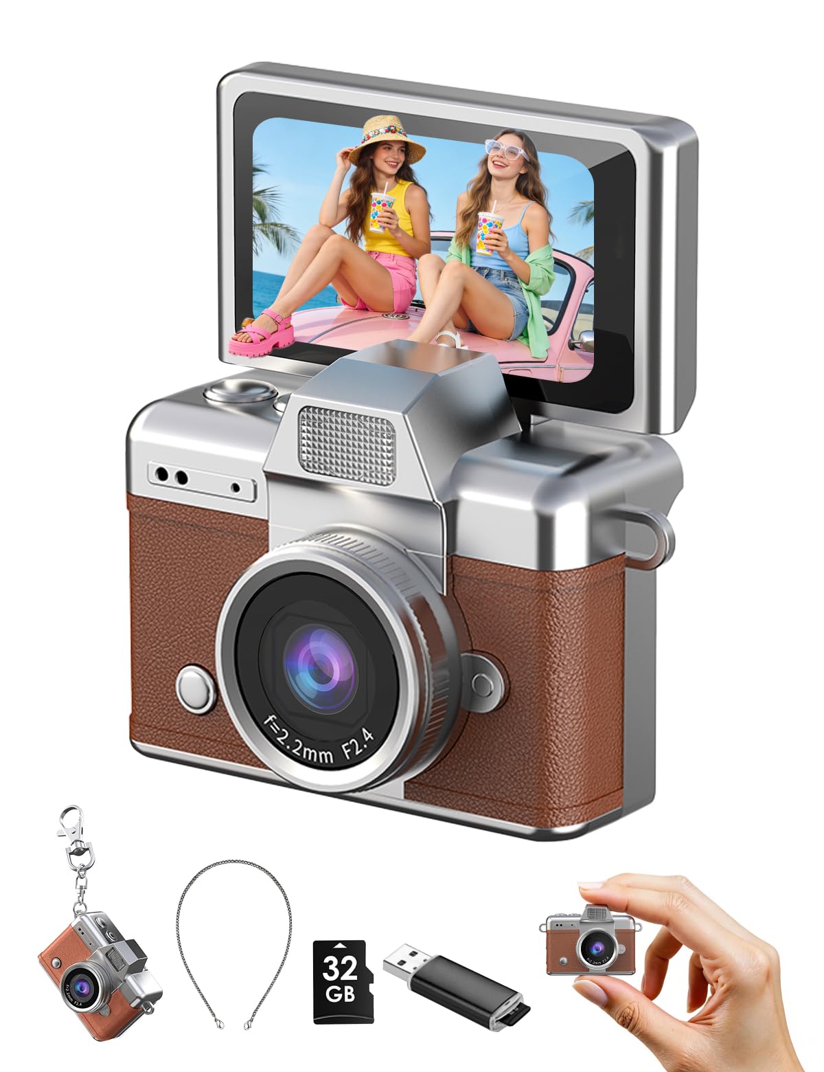 Valentine‘s Day Gift for Girlfriend - DollRank Mini Keychain Camera, 1080P Portable Digital Camera with 1.47” Flip LCD & Flash, Retro Collectible Pocket Camera for Travel, Parties, Birthday(Brown)-image-8