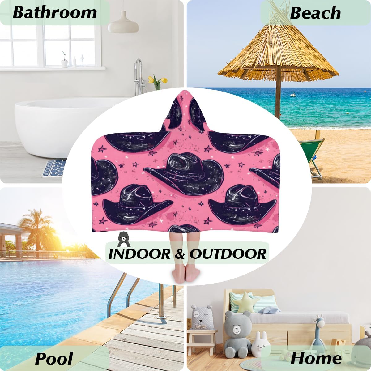 Kids Hooded Bath Towel for Boys Girls, Cowboy Hats Watercolor Black with Stars Cotton Hooded Beach Towel Wearable Wrap Poncho for Toddler Swimming Pool