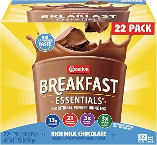 Carnation Breakfast Essentials Rich Milk Chocolate Powder Drink Mix, 13g Protein, 22 Packets – Nutritional Breakfast Boost