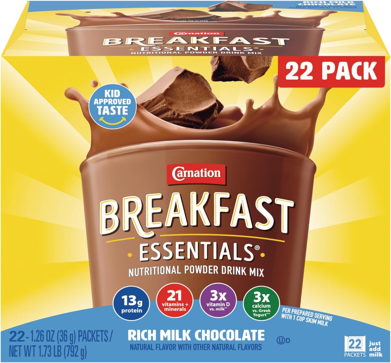 Carnation Breakfast Essentials Powder Drink Mix, Rich Milk Chocolate, 22 Count Box of Packets (Packaging May Vary)