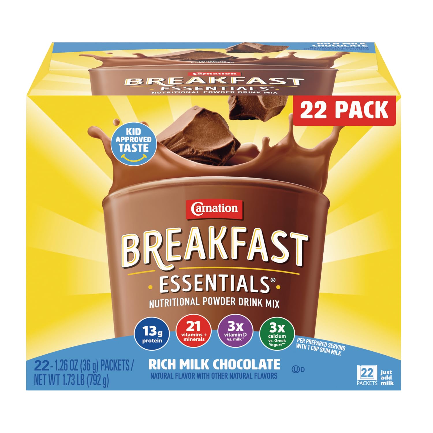 Carnation Breakfast Essentials Powder Drink Mix Rich Milk Chocolate 22 Count Box of 1 26 Ounce Packets