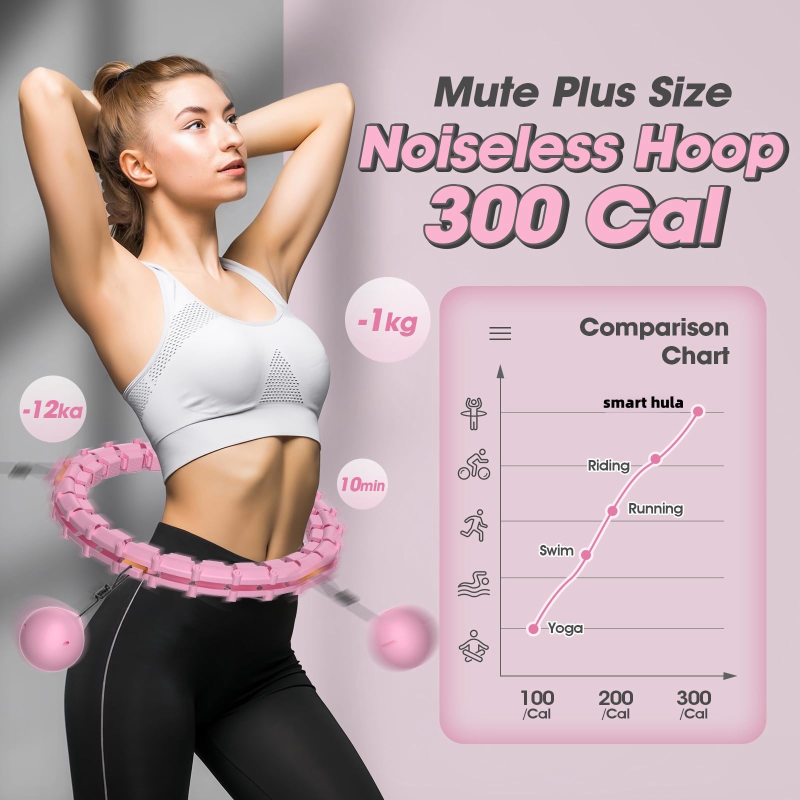 Smart Hoop Cerceau pour adulte avec boule de poids, ultra silencieux, pour perdre du poids, avec 32 segments amovibles, cerceau pour perdre du poids, tour de taille maximum 165 cm (rose)