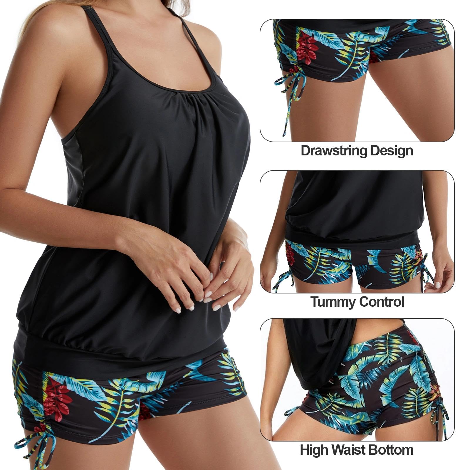 Damski kostium kąpielowy, tankini, push up, wyszczuplający brzuch, wysoka talia, moda kąpielowa, sznurowane, kwiaty, dwuczęściowy, sportowy, plażowy, letni, szorty kąpielowe, zestaw dla kobiet