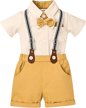 Baby Boy Clothes Gentleman Outfits Infant Baby Bodysuit Shirt with Bowtie Suspender Shorts Baby Boy Suit Set 0-18M