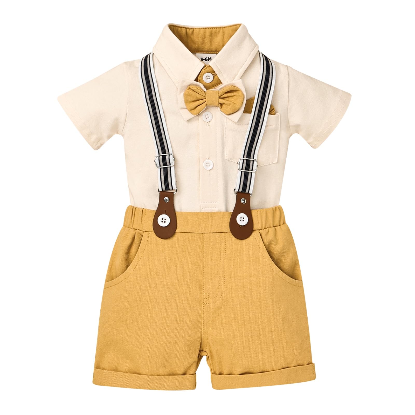 DOMOABEI Baby Boy Clothes Gentleman Outfits Infant Baby Bodysuit Shirt with Bowtie Suspender Shorts Baby Boy Suit Set 0-18M