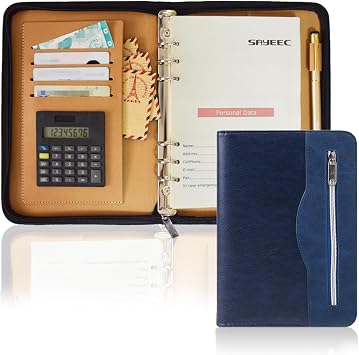 SAYEEC A5 Multifunctional Zippered Notebook Travel Notebook Business 6Ring Binder Meeting Folder Loose leaf Notepad with Calculator Pen Holder for Men Women
