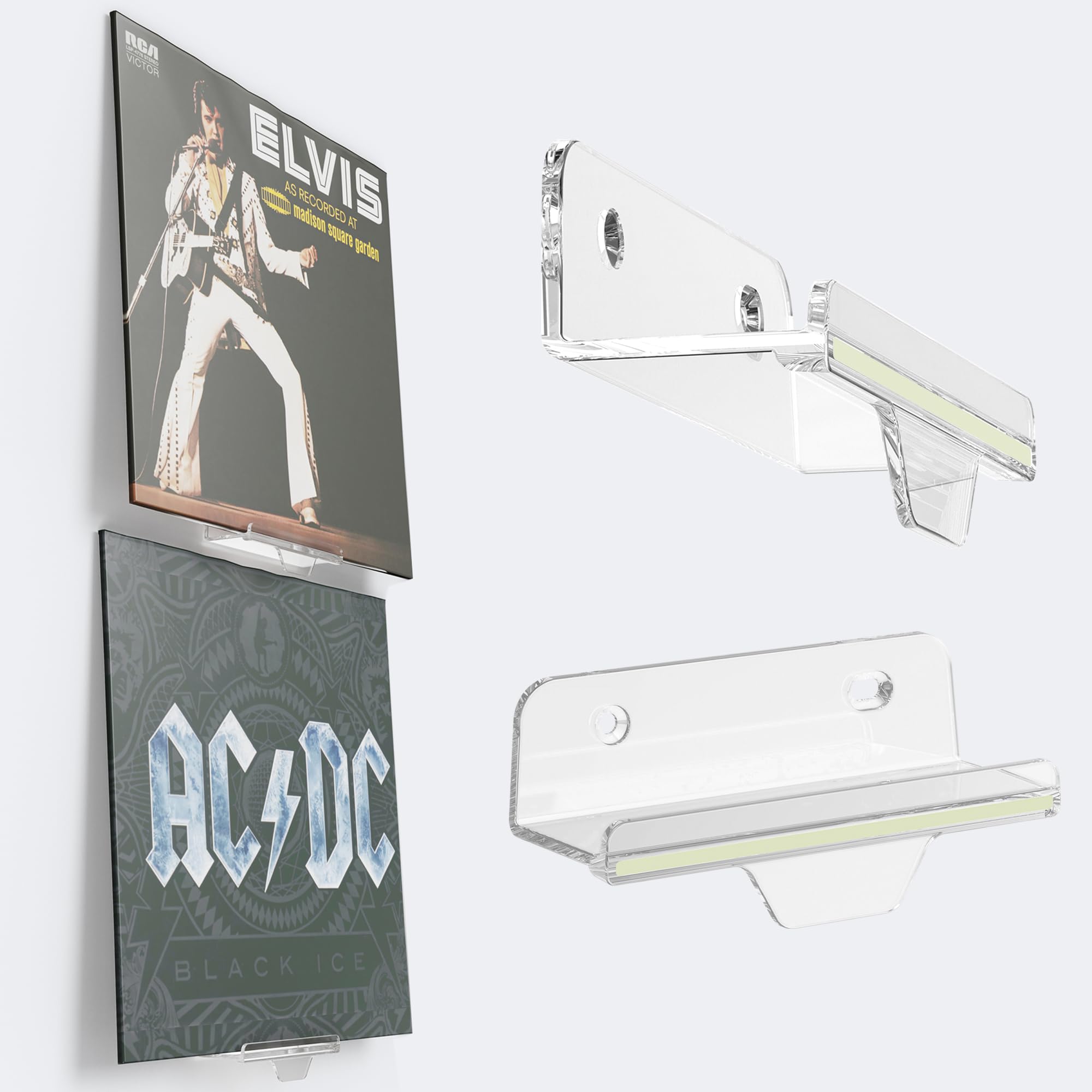 TERDEWE Paquete de 10 estantes de vinilo transparente de 4 pulgadas, soporte de pared para discos de vinilo con tira fluorescente, soporte transparente para álbum de vinilo, DVD, fotos, maquillaje,