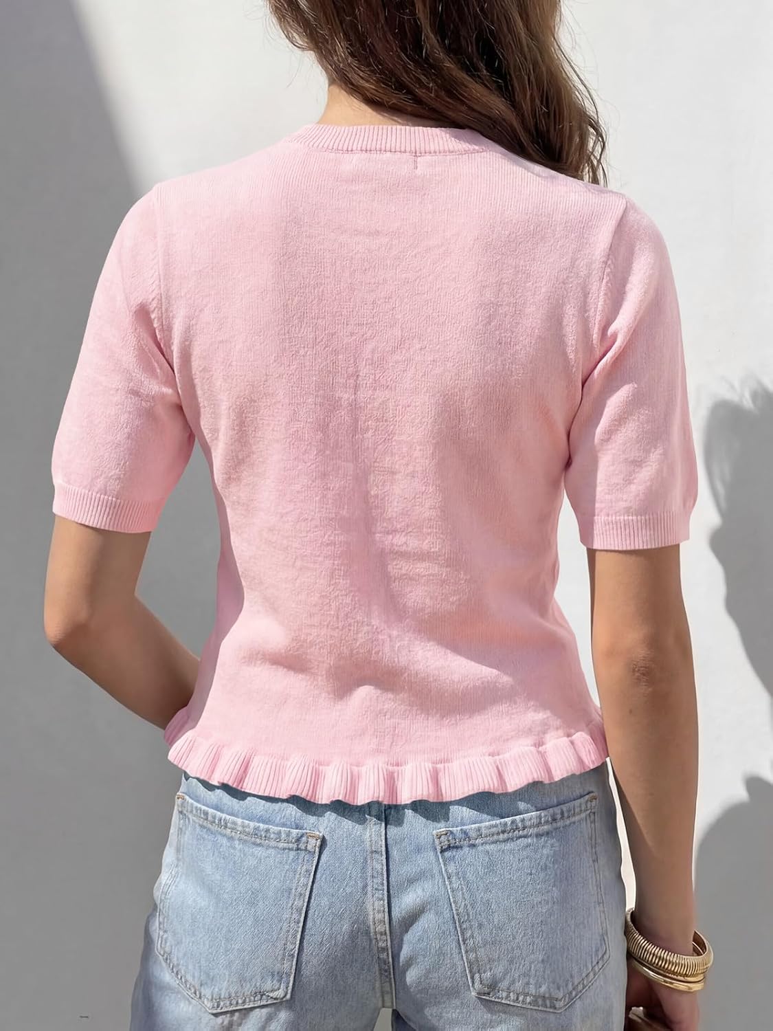 Saodimallsu Womens Ruffle Cardigan Puff Short Sleeve Cute Summer Button Down Lightweight Soft Knit Crewneck Sweater Tops - Image 6