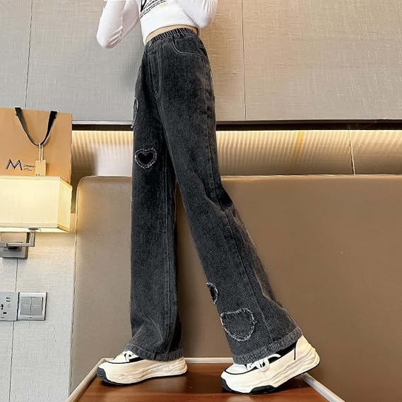 Girl's Baggy Jeans Elastic Waist Wide Leg Denim Pants 5-14Y